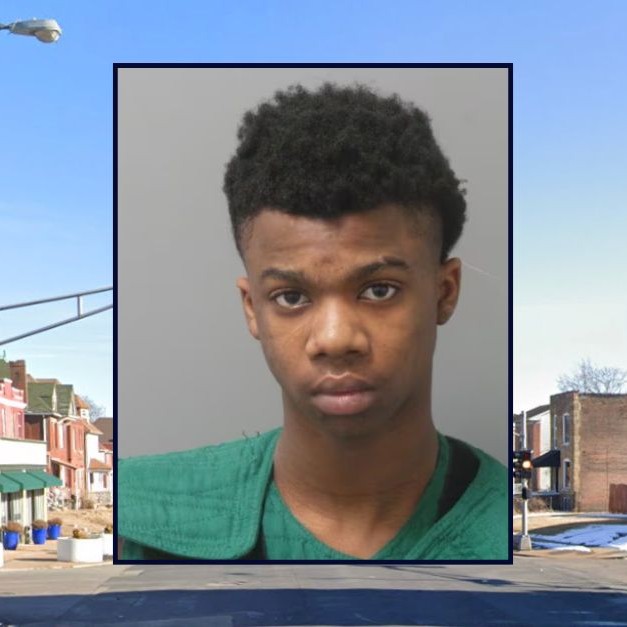 Inset: Marshawn Stepney (St. Louis Metropolitan Police Department). Background: The intersection near where Stepney killed several members of a family while trying to evade police (Google Maps). - lawandcrime