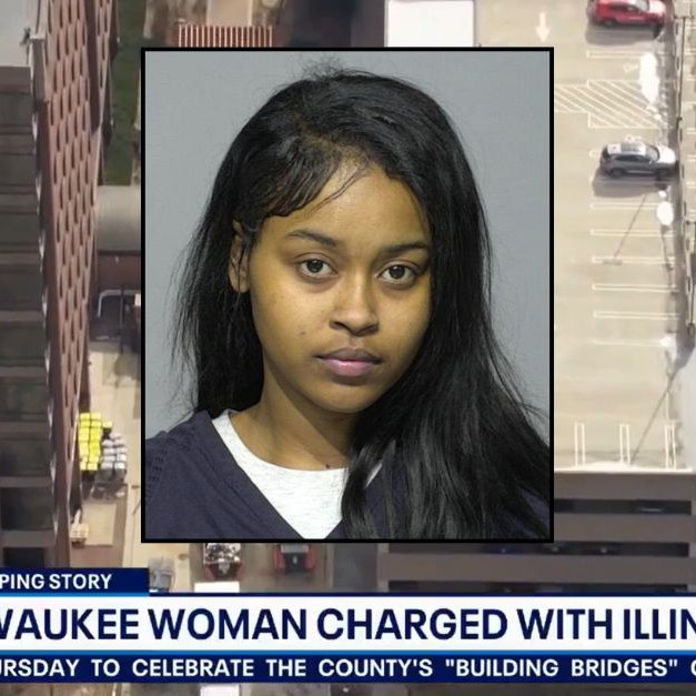 Background: News footage of the area in Oakbrook Terrace, Ill., where Obaidulla Shareef was found dead on Feb. 4 (WITI). Inset: Akrystal Woods (Milwaukee County Sheriff's Office). - lawandcrime