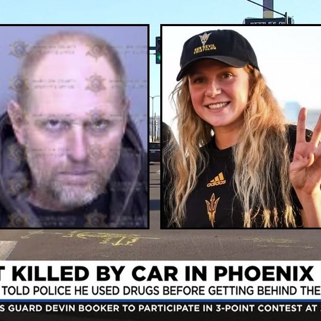 Background: News footage of the area of Phoenix, Ariz., where Hannah Henry was killed on Feb. 8 (KPHO). Inset (left): Eric Hodge (Maricopa County Sheriff's Office). Inset (right): Hannah Henry (Sun Devil Athletics). - lawandcrime