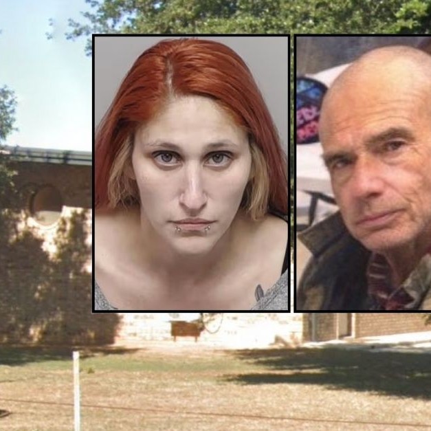 Inset left: Abigail Molina (Bexar County Adult Detention Center). Inset right: Gilbert Parker (Obituary). Background: The Old Path Baptist Church in China Grove, Tex. (Google Maps). - lawandcrime